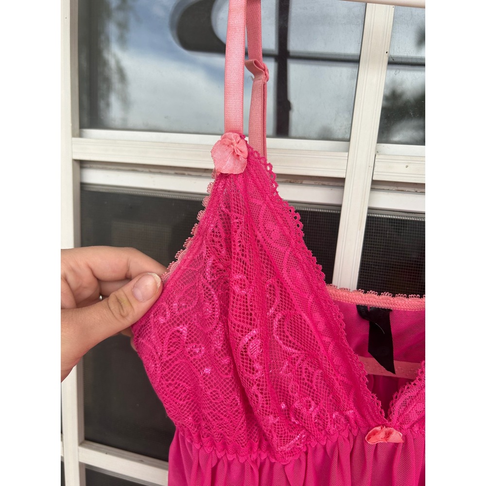 Petit Noir Hot Pink Lace Mesh Babydoll Chemise Lingerie Nightie Bow Coquette S - Picture 6 of 13